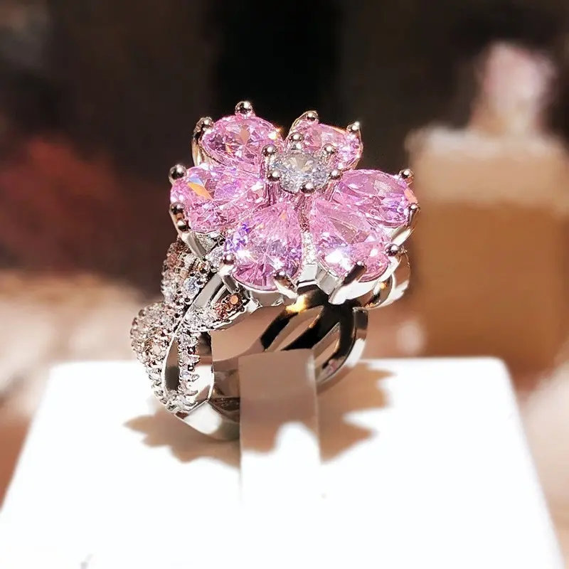 Sparkly Pink Floral Statement Cocktail Ring, Fashion Flower Finger Jewelry Fit Daily Party Outfits, Romantic Promise Gift for Women, Summer Wins Trendy Decor Ornament