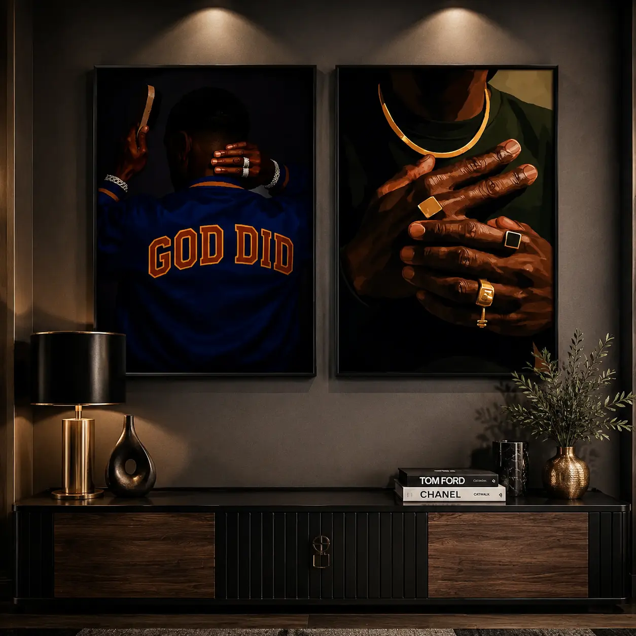 Black Man Christian Wall Art |   Faith Blessed Gratitude Canvas Prints with Gold Chain Style for Bedroom, Office & Home Decor
