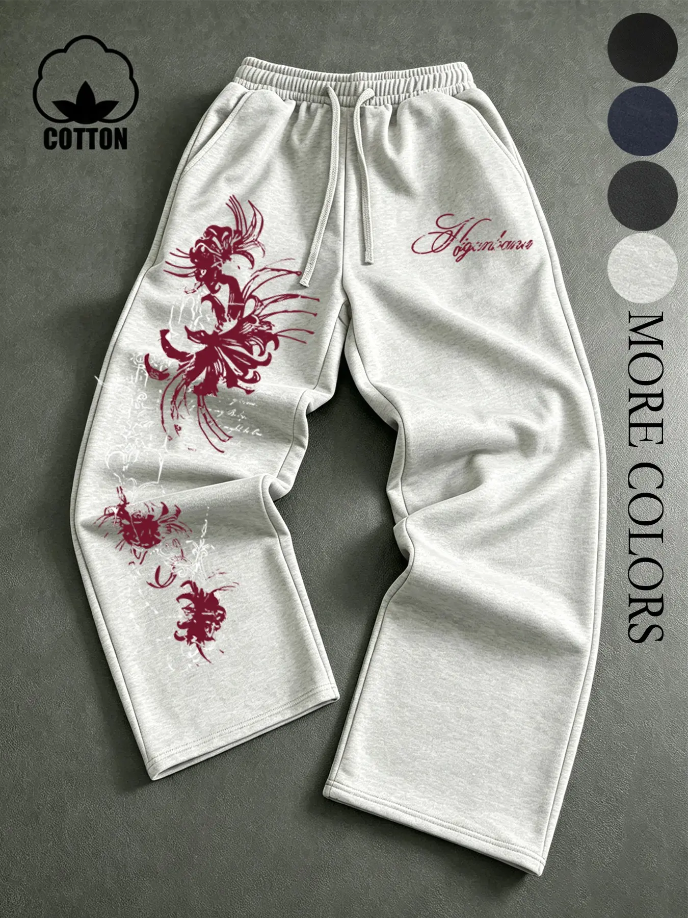 Men’s and women’s versions. Street Gothic style, red spider lily print with drawstring, wide-leg, cotton-blend sweatpants. Loose, draping, high-fashion, versatile straight-leg casual pants. American high-fashion style, relaxed and casual long pants/sweatp