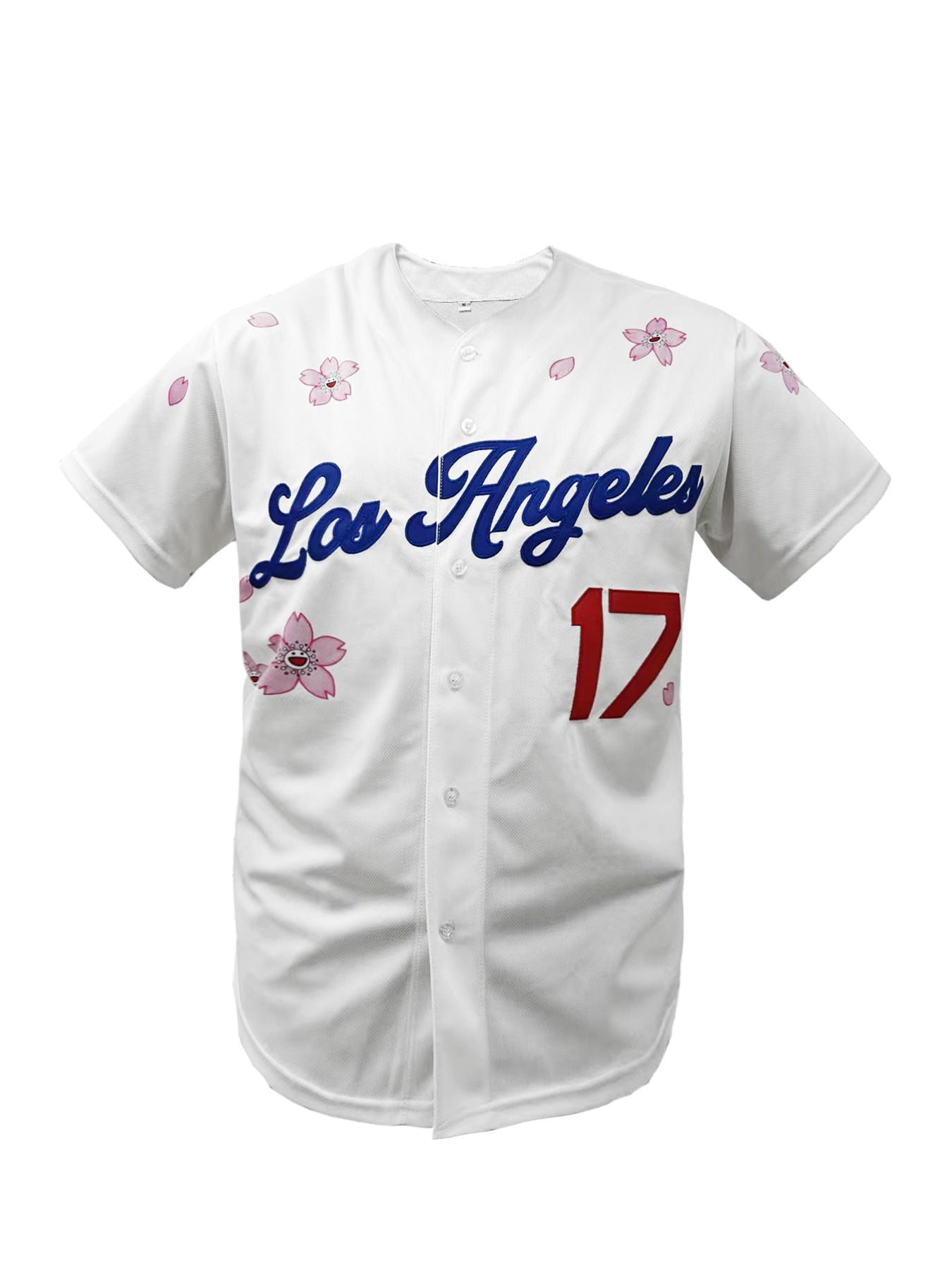 Men's Cherry Blossom Embroidered Baseball Jersey, Casual Loose Short Sleeve V Neck Baseball Top for Fall & Winter, Baseball Christmas Gifts, Men's Sportswear for Training & Competition