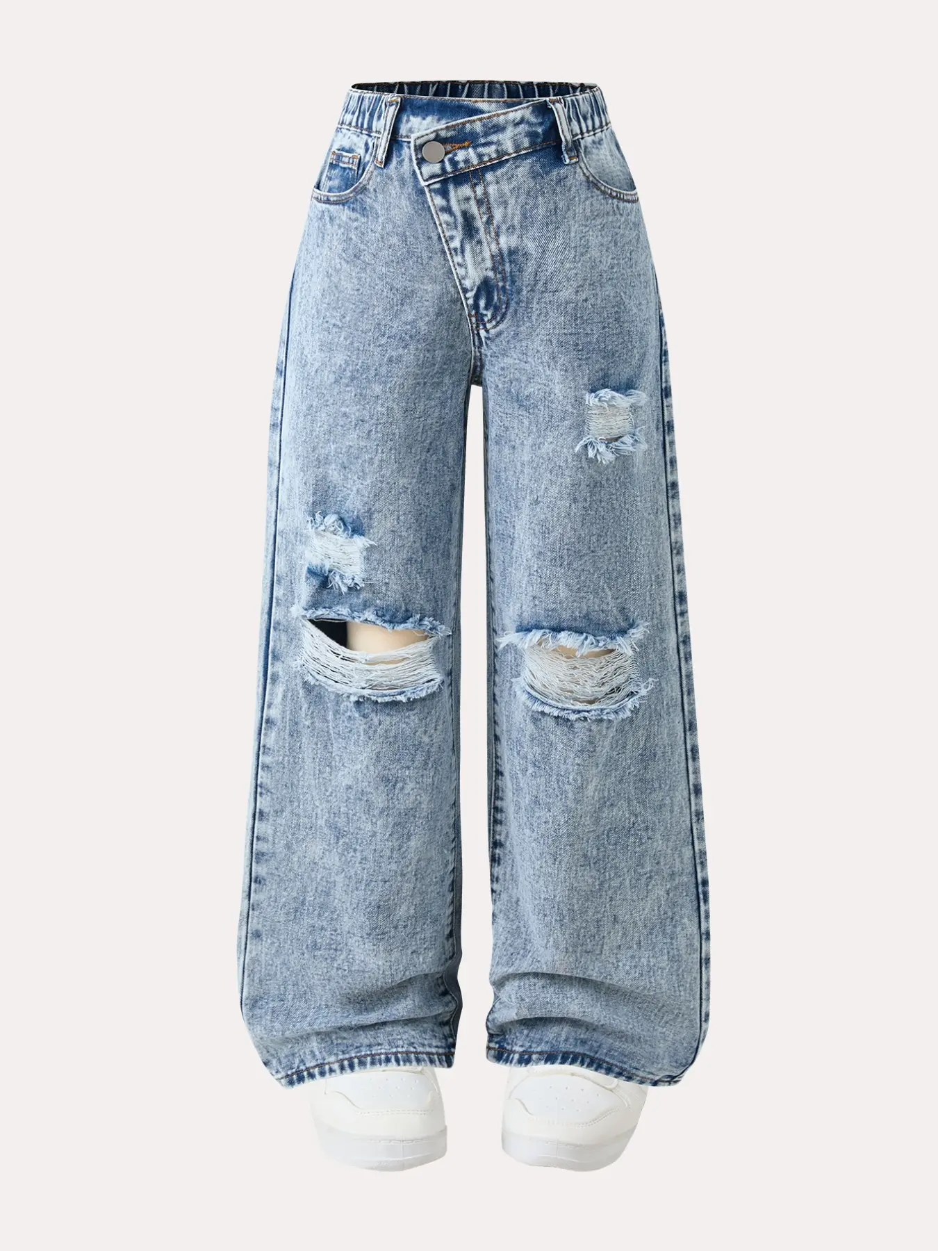 Girls' Boy's Vintage Ripped Straight Leg Jeans, Casual High Waist Slim Fit, Elastic Waist Long Jeans for Ages 130-160cm, All Seasons, Classic Jean
