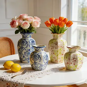 Hand-Painted Ceramic Vase Set, Vintage Blue and Porcelain Floral Design, French Countryside Style, Home Decor for Living Room, Entryway, Dining Table, Wedding