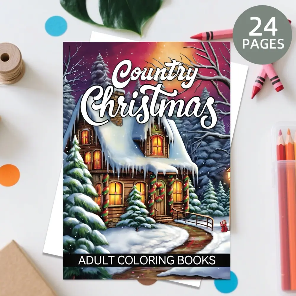 Rural Christmas Coloring Book, Themed Coloring Books, 24 Pages Thick Paper, 11.69in X 8.27in Size, Relaxing Original Designs, Ideal Gift for Adults and Teens