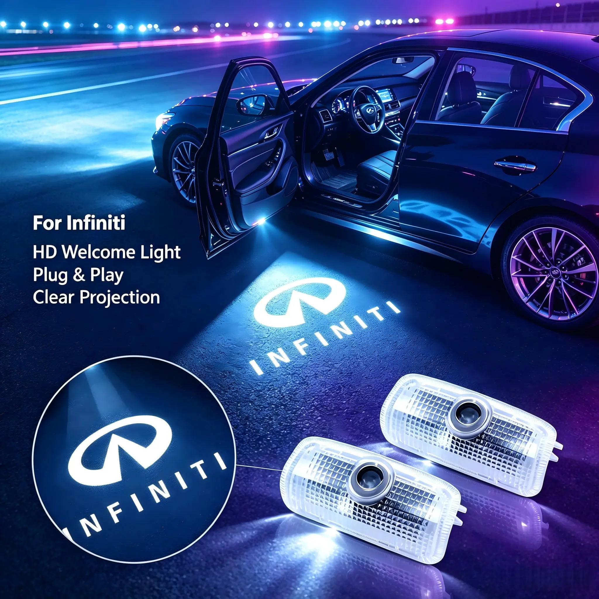 🔥2Pcs Ghost Shadow LED Door Welcome HD Projector Courtesy Lamps, Waterproof High Definition Logo Projection Auto Mod Accessories For Infiniti Q50 Q70 QX50 Q60 M37 FX35 FX37 FX50 EX35 EX37 QX70 QX80, Plug & Play Easy Vehicle Interior Upgrade Lamp Set