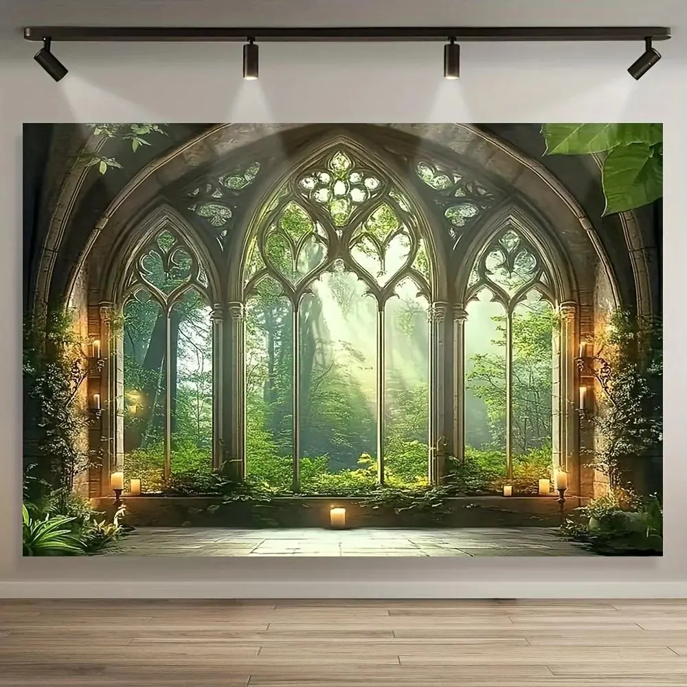 Gothic Forest Cathedral Backdrop Dark Fantasy Window Tapestry Wall Hanging Polyester Photography Background Halloween Party Decor Studio Wedding Birthday Mystery Prop Banner