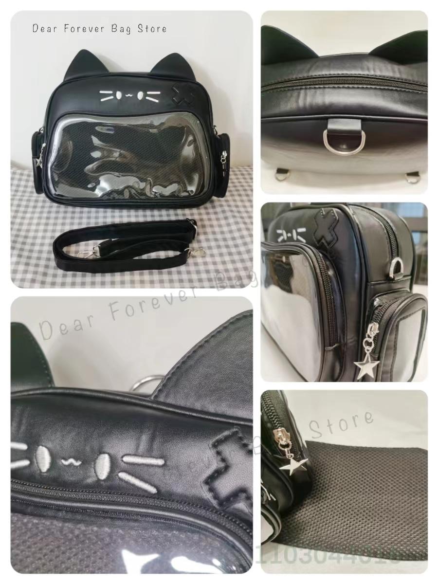 Y2K Korean Cute Cat Ita Bag Japan Kawaii PU Crossbody Bag Girls Transparent Pocket Harajuku Shoulder Bag Silver Fashion Backpack