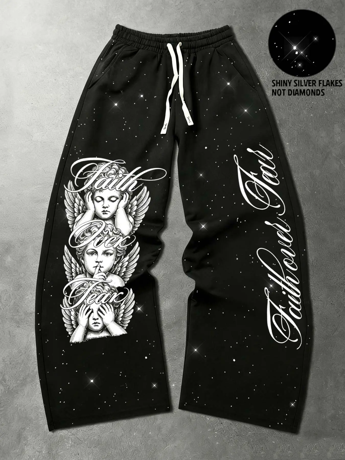American Y2K dark slogan Faith Over Fear angel print men's wide-leg sweatpants, Loose fitting sweatpants, all-over starry glitter sequin design, loose straight drawstring men's sports pants, retro gothic street style unisex couple casual pants