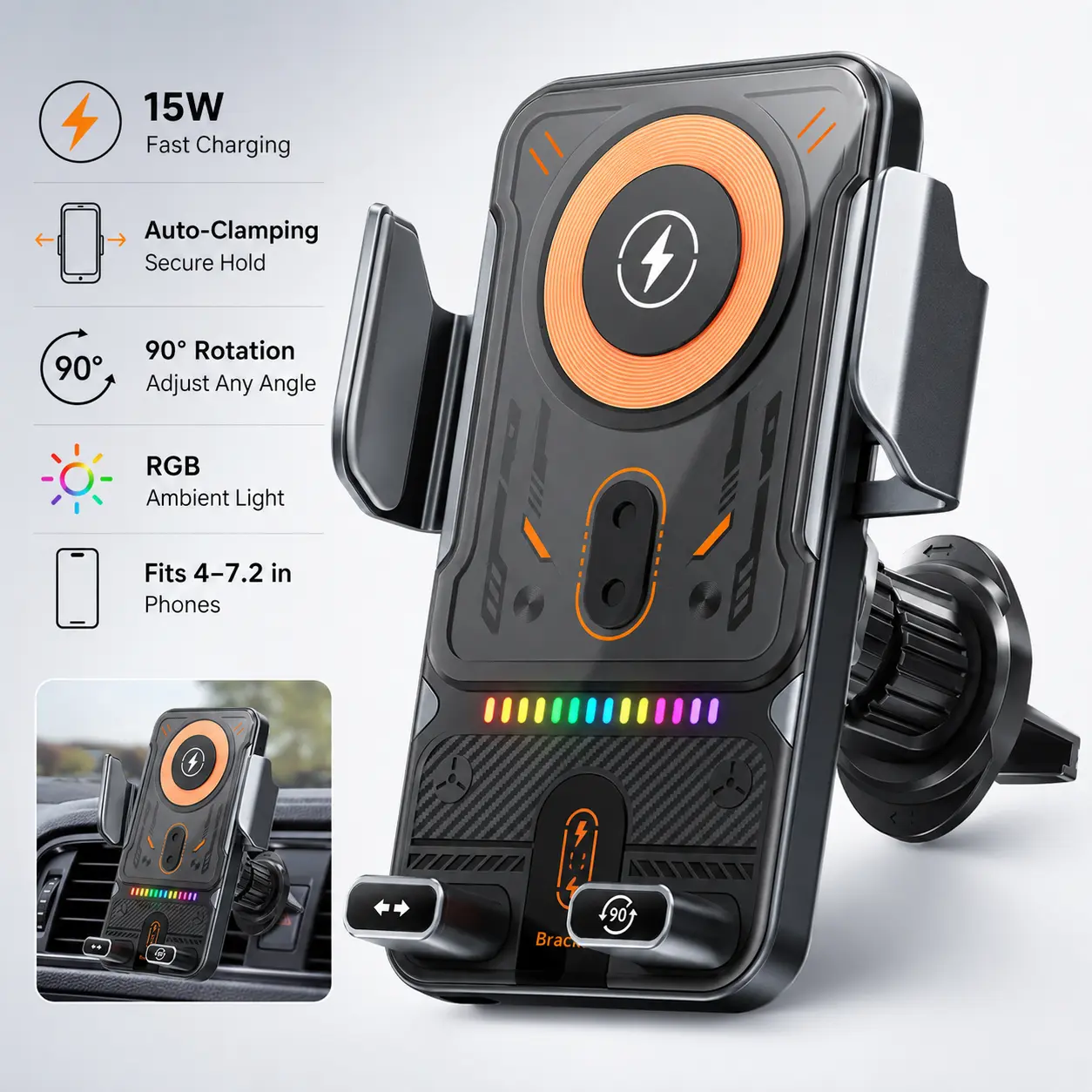 15W Fast Wireless Car Charger & Auto-Clamping Phone Mount, Air Vent Holder with Smart Sensing, One-Touch 90 °   Portrait/Landscape Rotation, USB-C Power and RGB Ambient Lighting, Fits 4–7.2 Inch iPhone and Android Smartphones magnetic