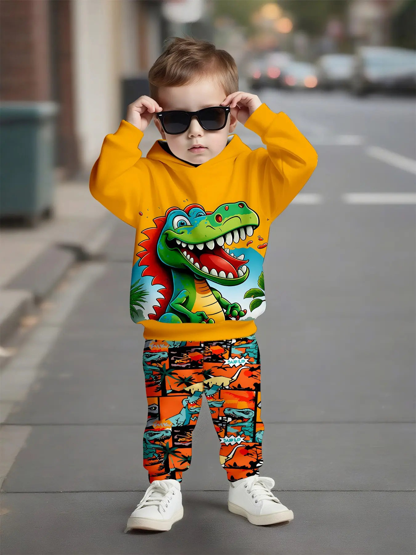 Bright Cartoon Dinosaur Print Hoodie Set for Boys, Long Sleeve Loose-Fit Sweatpants, Fall & Winter Casual, Natural Waist Design