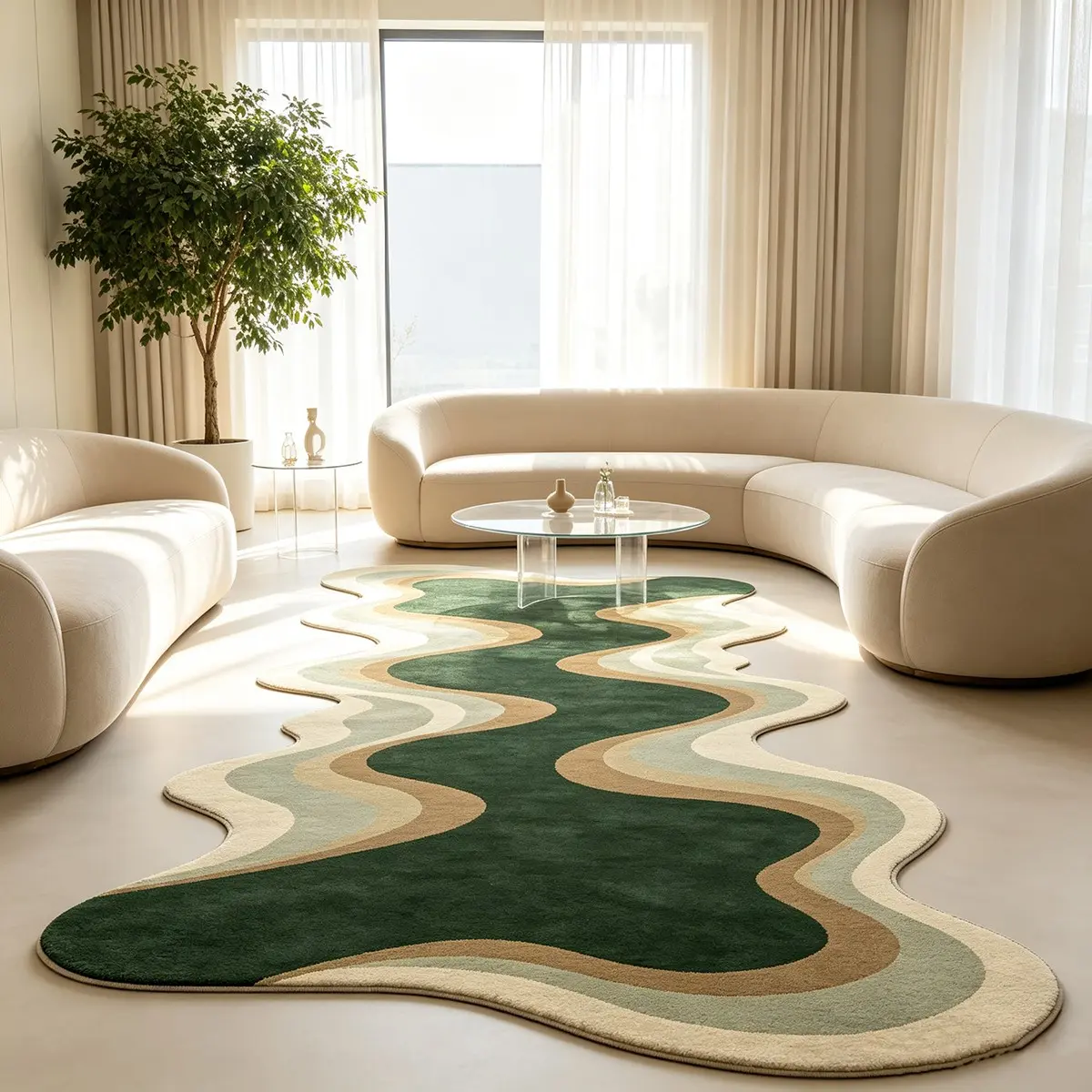 1Pc Mid-Century Vintage Green Toned Wavy Long Irregular Short Plush Rug, Multi-Layer Gradient Milk Coffee & Off-White Flowing Water Ripple Floor Mat, Skin-Friendly Wabi-Sabi Minimalist Healing Decor Foot Mat for Living Room Bedroom Sofa Area, Fluffy Rugs