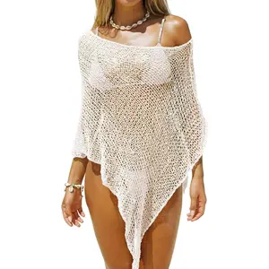 Womens Sheer Cover Ups Lightweight Crochet Knit Mesh Shrug Summer Trendy Batwing Sleeve Boho Poncho Tops