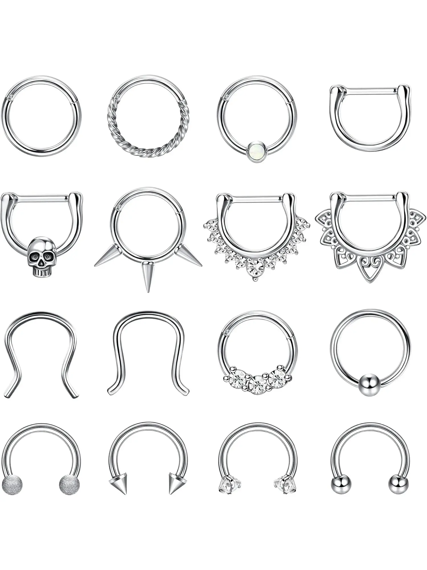 16PCS 16G Stainless Steel Septum Piercing Jewelry Set for Women and Men, Septum Clicker Rings & Horseshoe Nose Hoops, Can Be Worn as Daith, Helix and Tragus Cartilage Earrings