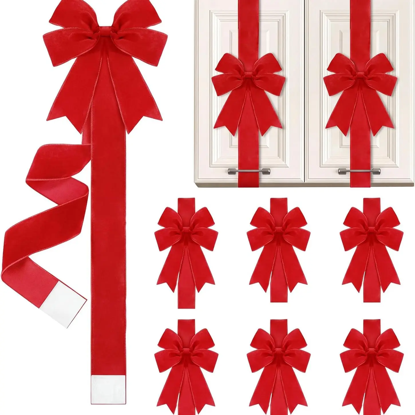6 Pcs Bright Red Velvet Christmas Cabinet Bows Ribbons for Kitchen | 78.7 Inch Large Christmas Door Ribbon Cabinet Bows Decor for Gifts Xmas Tree Home Wall Furniture Party Decorations