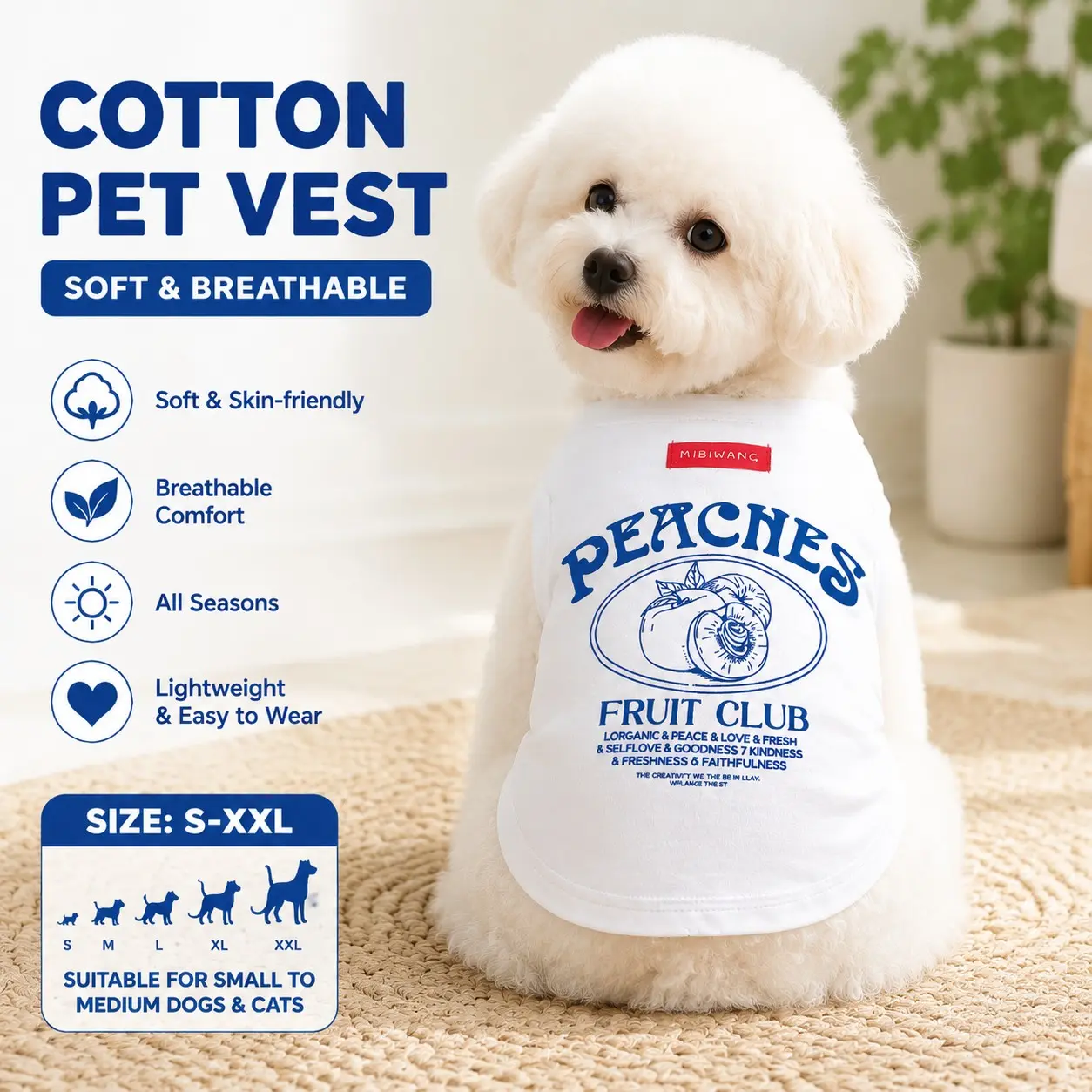 Cotton Pet Vest for Dogs & Cats, Breathable Sleeveless Dog Shirt, Lightweight All-Season Pet Clothes, Cute Puppy Tank Top