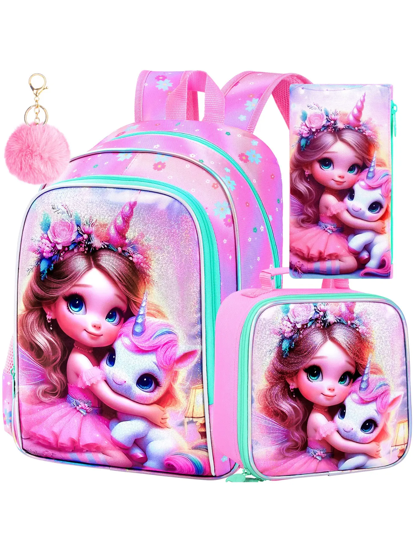3PCS Unicorn School Backpack Set for Girls, 16" Kids Bookbag with Lunch Box, Elementary School Bag for Preschool Toddler