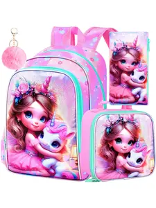 3PCS Unicorn Backpack for Girls, 16" Kids Bookbag with Lunch Box, Elementary School Bag for Preschool Toddler