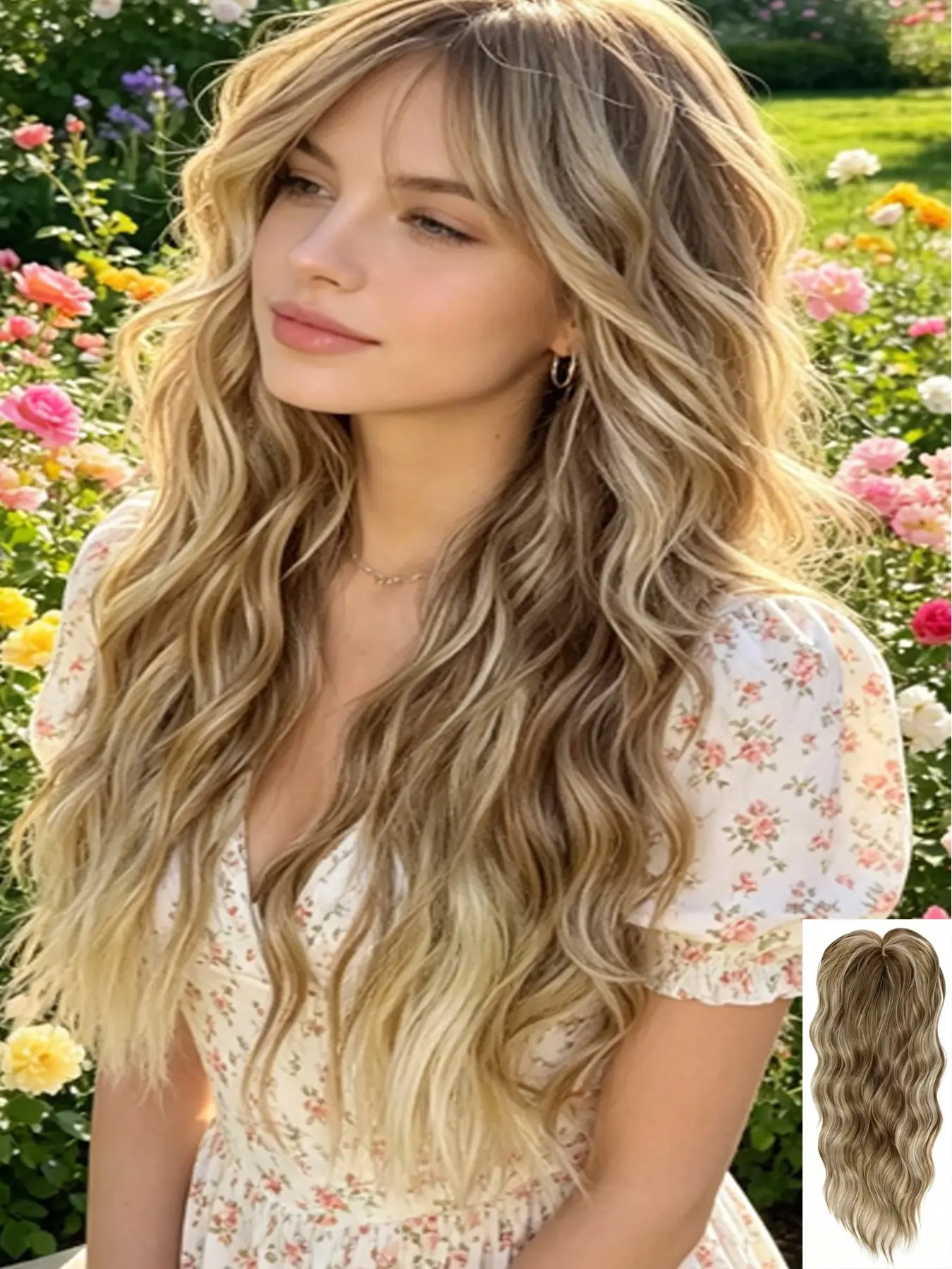 💃 Get Gorgeous Hair Fast! 22 Inch Blonde Wavy Hair Topper with Fringe. Clip-in easily, no damage. Premium Synthetic Soft Hair adds lush volume – Rock any outfit with confidence!