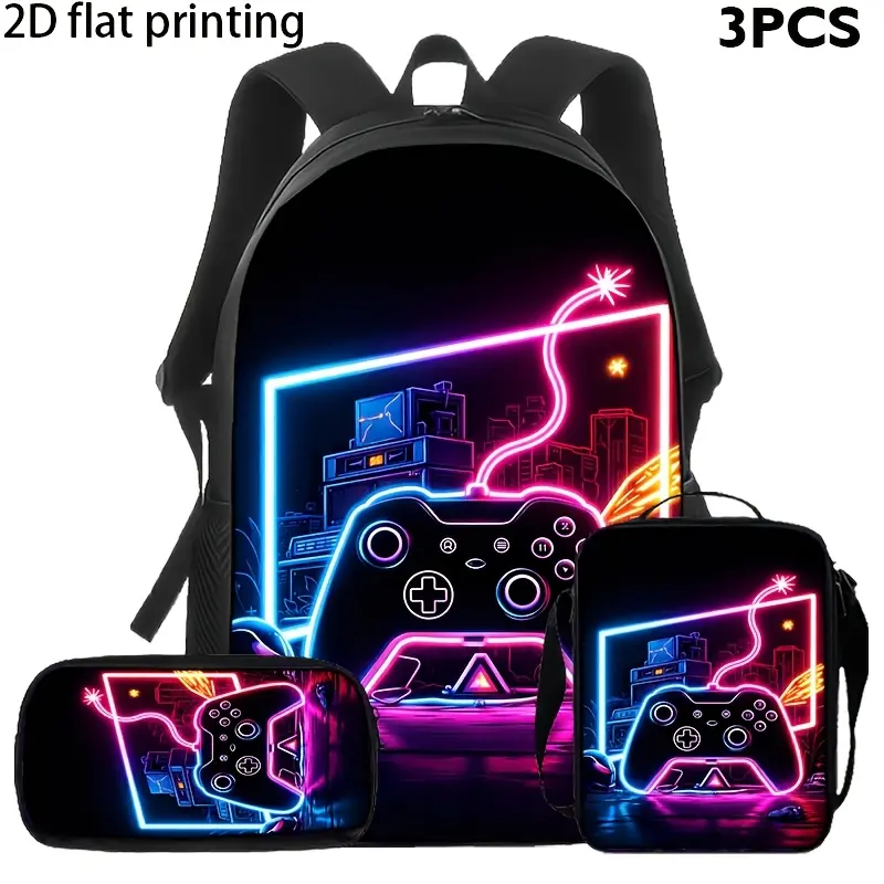 Neon Gamer 3-Piece Backpack Set, Gaming Controller School Bookbag with Matching Lunch Bag and Pencil Case, Cyberpunk Backpack for Boys Girls Teens, Travel Gift, School Travel Book Bag Gift Idea
