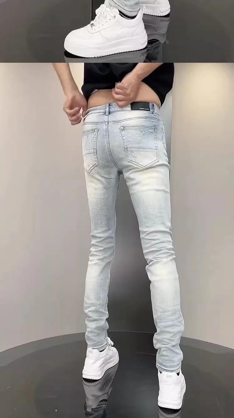 New Korean Luxury Clothing High Jeans for Men Fashion Slim Fit Pencil Pants with Holes Summer Casual Denim Trousers Male