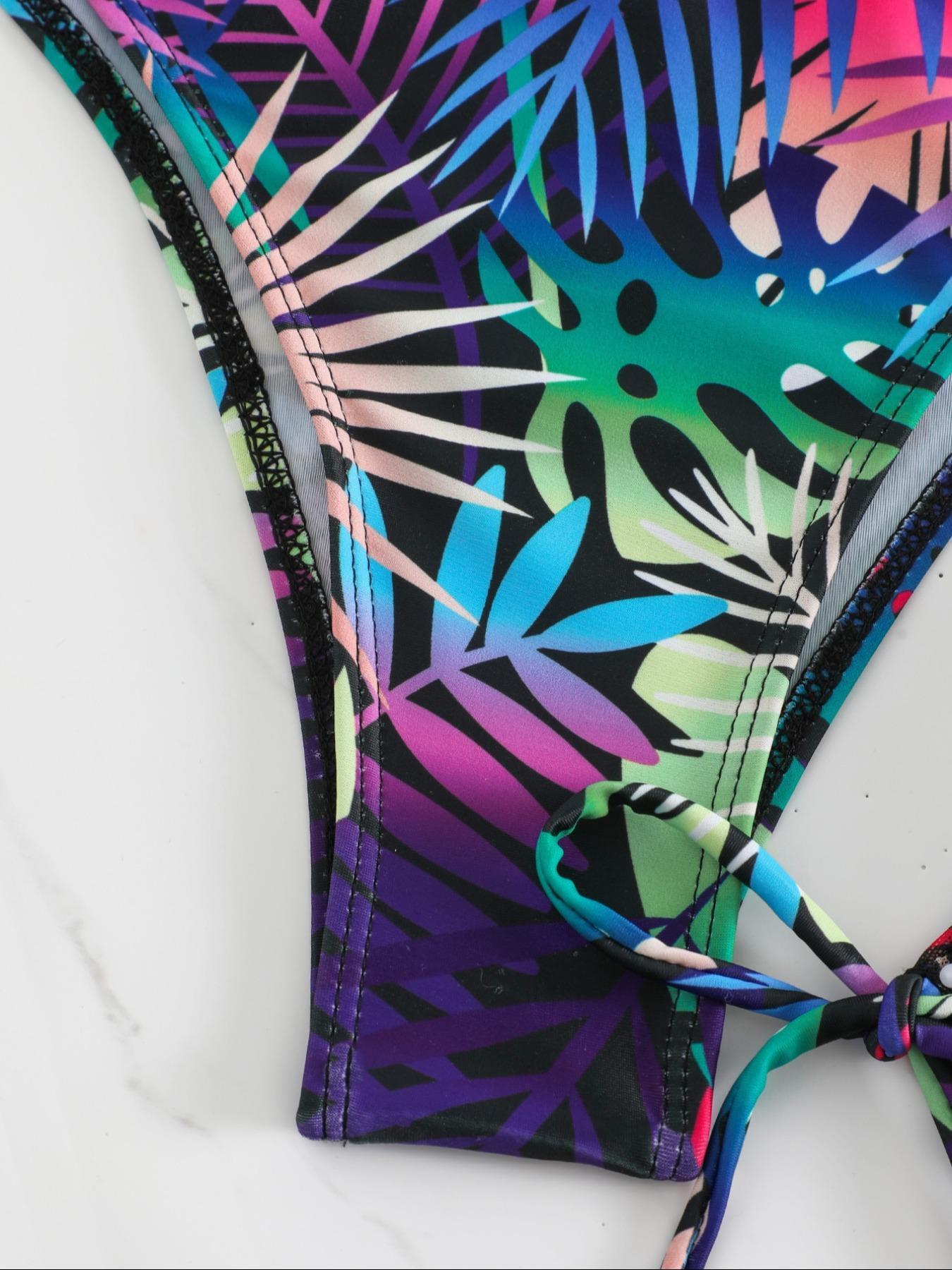 Three-piece Set Women's Plants Print Swimsuit Set, Including Swimsuit Cover Up & Halter Top & Panty, Fashion Chic Ladies Bathing Suit for Beach Holiday Vacation, Leaf Print Bikini