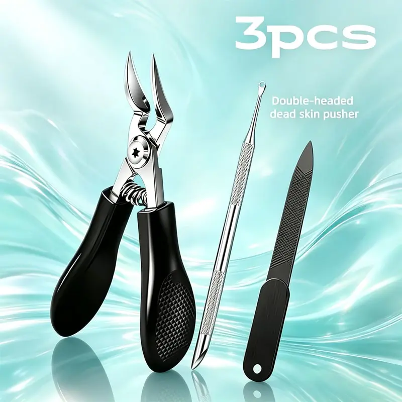 Ingrown Toenail Tool Kit 3pcs, Stainless Steel Cuticle Trimmer + Nail File Set, Long Handle for Thick Nails, Senior Friendly