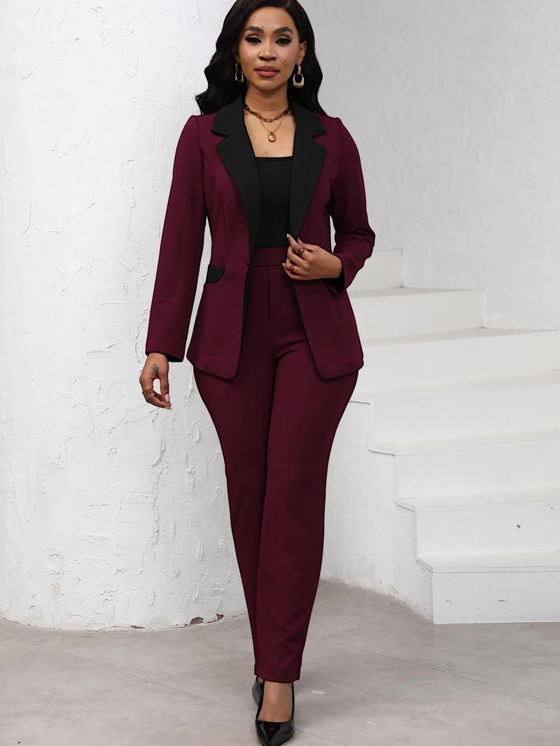 Women's Colorblock Blazer & Straight Leg Pants Set Suits, Elegant Two-piece Set for Work Office Business, Ladies Clothes for All Seasons Women's Colorblock Blazer & Straight Leg Pants Set Suits, Elegant Two-piece Set for Work Office Business, Ladies Clothes for All Seasons