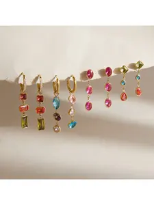 18K Gold Plated Oval Fuchsia Ruby CZ Linear Drop Earrings for Women, Triple Bezel Set Long Dangle Stud Earrings, Dainty Minimalist Elegant Daily Office Date Wedding Bridesmaid Birthday Fine Jewelry Gift