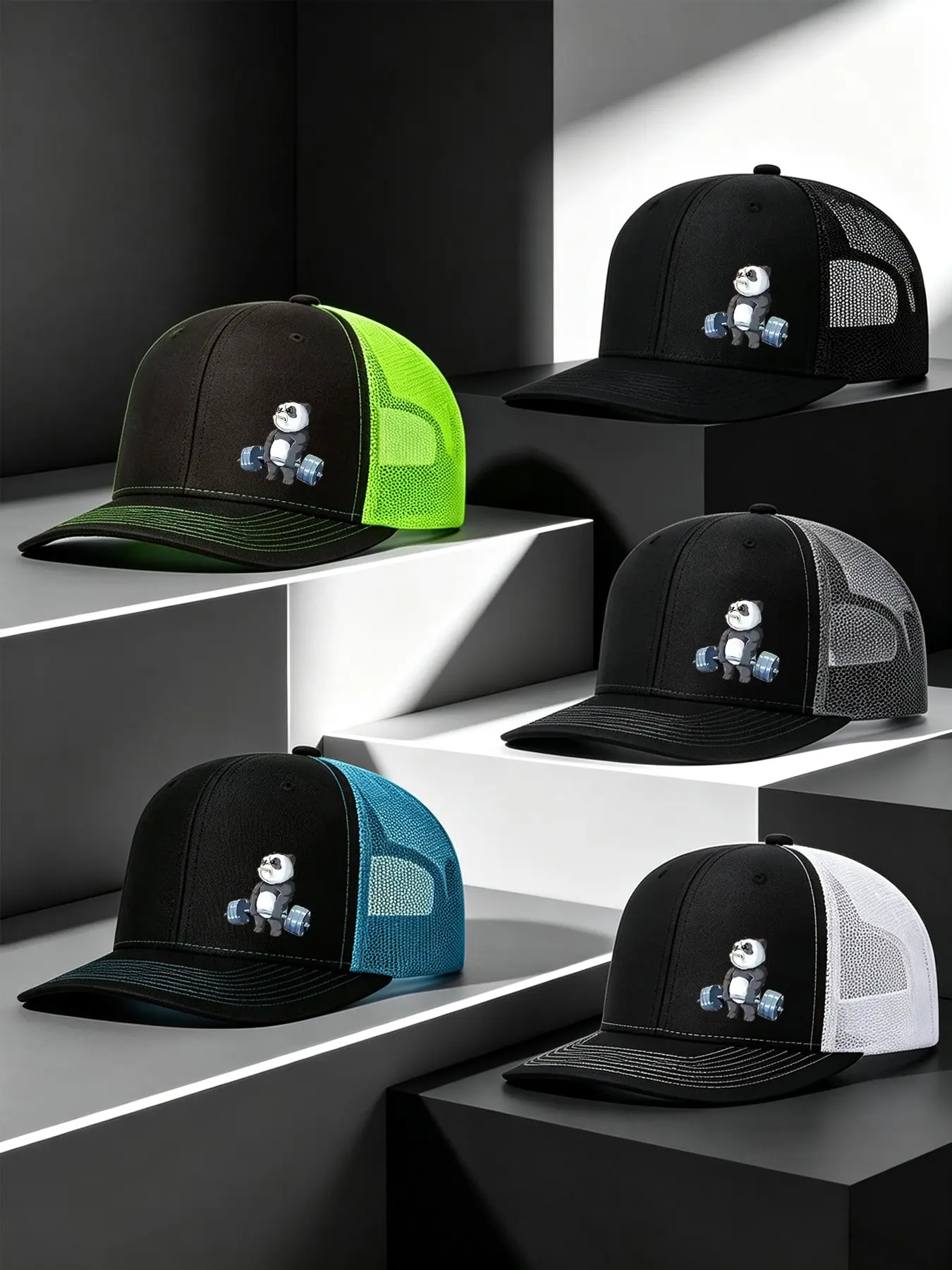 5pcs Unisex Trucker Hat Fitness Panda Printing Mesh Baseball Cap Richardson Slightly Curved Brim Baseball Cap Adjustable Dad Hats Outdoor Mesh Breathable Sun Hat Gift for Men Women Sports Hats