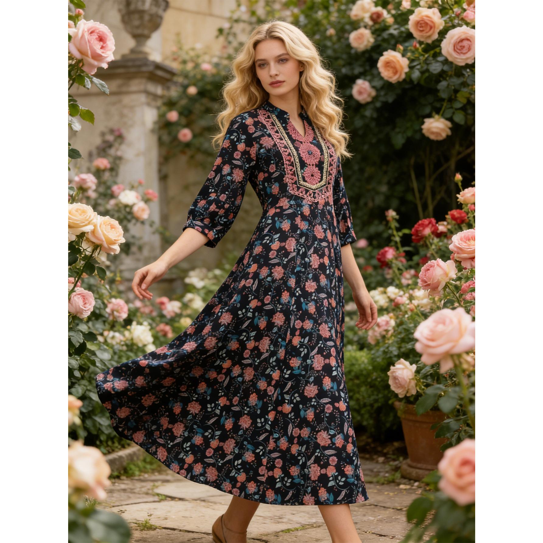 Boho Floral Embroidery Maxi Dress Elegant V-Neck Flowy Gown | Size Inclusive S-4XL Oversize | Perfect for Vacation, Church, Family Photos & Summer Weddings