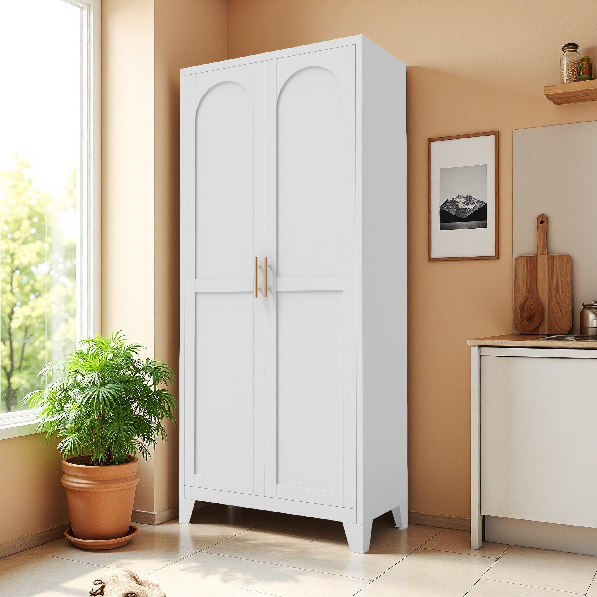 ARCH 71'' 2 Shapely Doors Cabinet, Metal Storage Cabinet with Doors and Adjustable Shelves, for Bedroom, Living Room, Kitchen(White)    RR