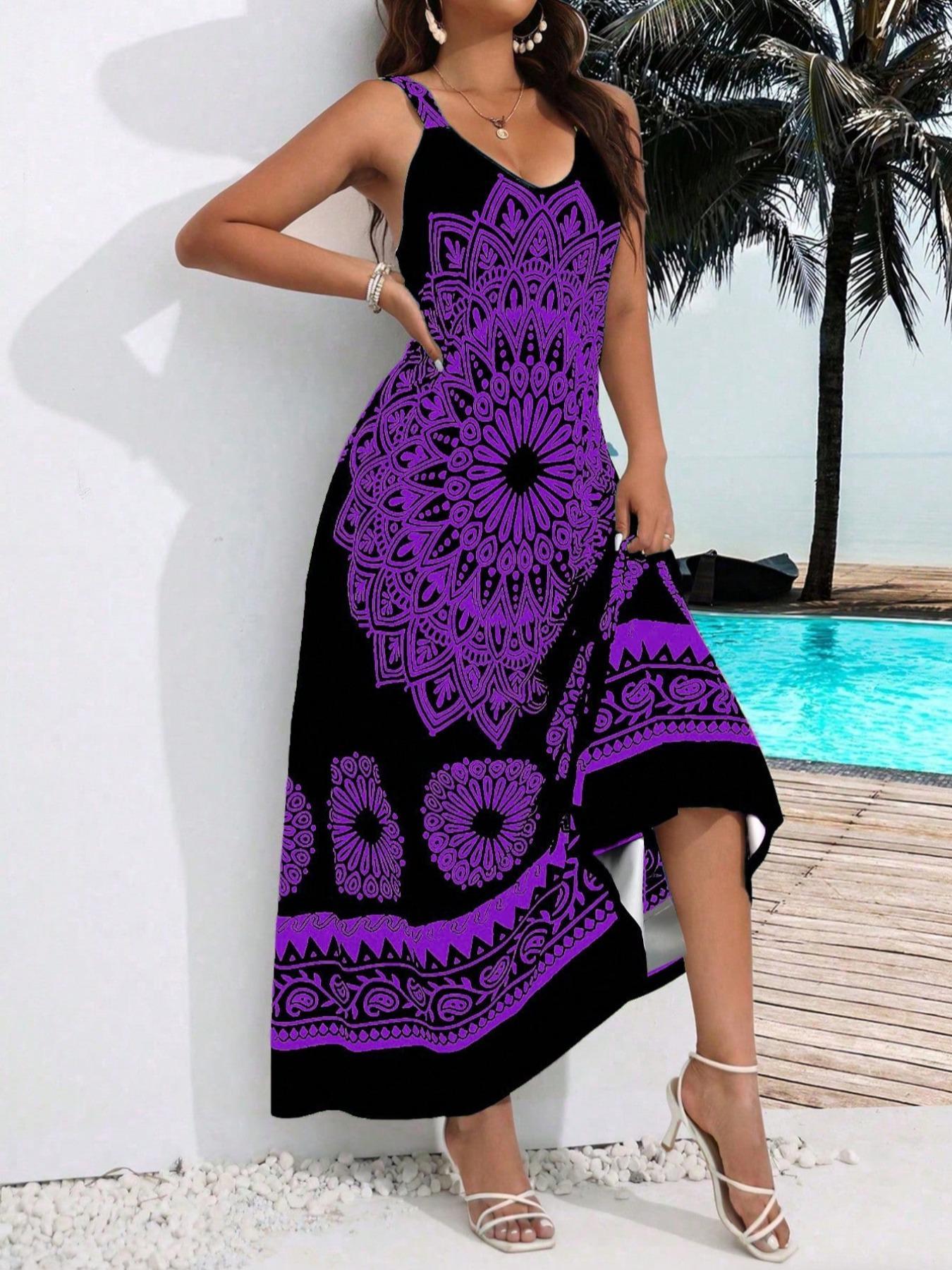 Plus Size Ethnic Pattern Backless Scoop Neck Fitted Cami Dress, Boho Print Dress, Bohemian Style Dresses, Boho Bohemian Fashion Chic Sleeveless Casual A Line Long Dress, Casual Boho Sundress for Beach Holiday Vacation, Women's Plus Clothing for Summer