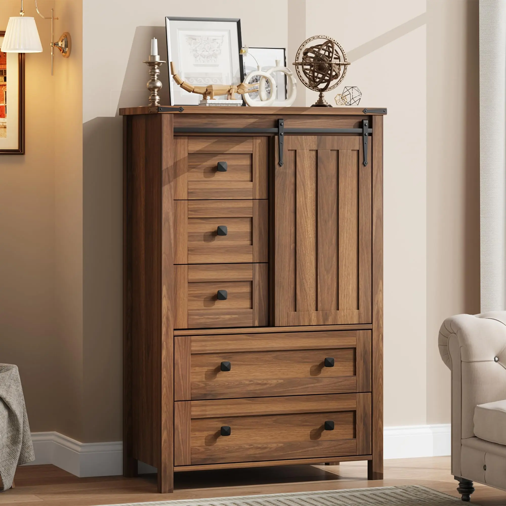 White 5-Drawer Farmhouse Dresser with Sliding Barn Door, Freestanding Base & Adjustable Shelf - Rustic Wood Storage Cabinet with Drawers for Bedroom, Kids Room, Farmhouse Look, Assembly Required