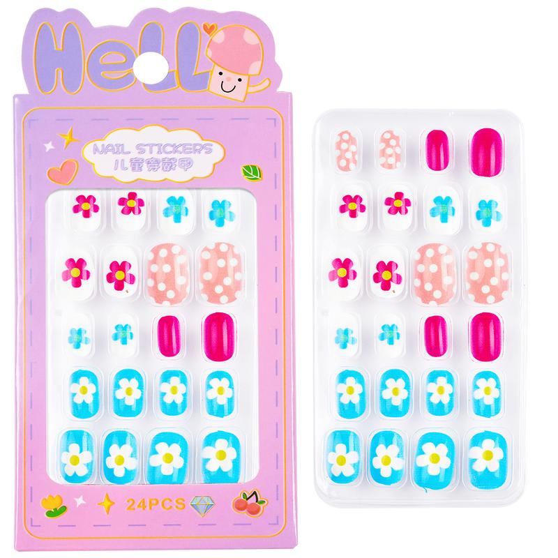 24Pcs/Box Children False Nails Kids Cartoon Girl Press on Nail Short Artificial Fake Nail Safe Full Cover Acrylic Nail Tips Kits