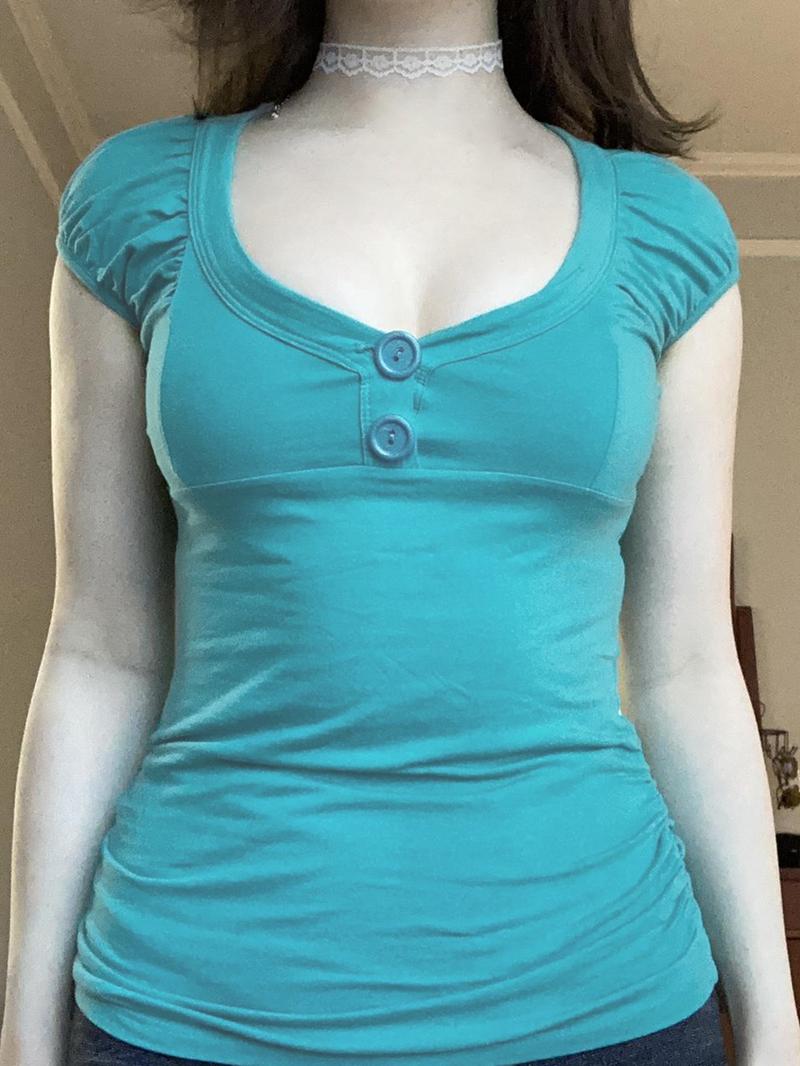 Women's Plain Button Tee, Casual Sweetheart Neck Short Sleeve T-shirt for Summer, Women's Top for Daily Wear