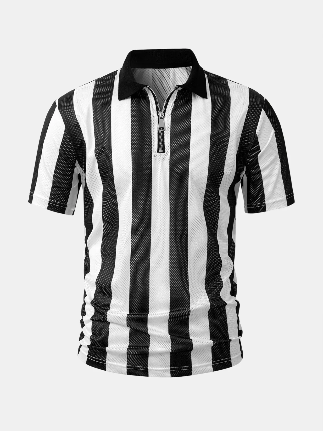 Men's Striped Referee Polo Shirt, Short Sleeve Quarter-Zip Mesh Umpire Uniform, Comfortable Breathable Sports Wear for Games & Events, Casual Sporty Fitted Sportswear