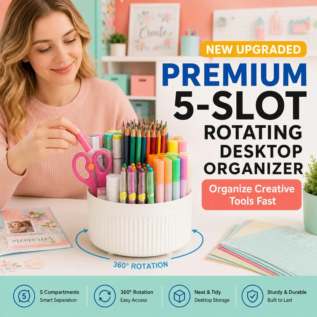 360° Rotating Pen Holder Desk Organizer, Large Capacity Multi-Compartment Storage Caddy, Durable Plastic, Office School Essential, Holiday Gift
