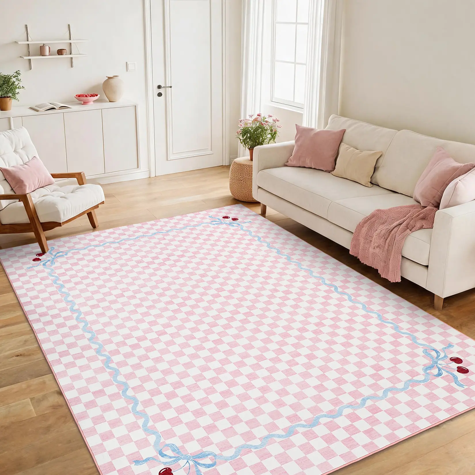 Geometric Checkered Area Rug with Bow Border, Ultra-Thin Foldable Soft Non-Shedding Stain-Resistant Non-Slip Machine Washable Indoor Decor Rug for Bedroom, Dining Room, Girls Room & Apartment