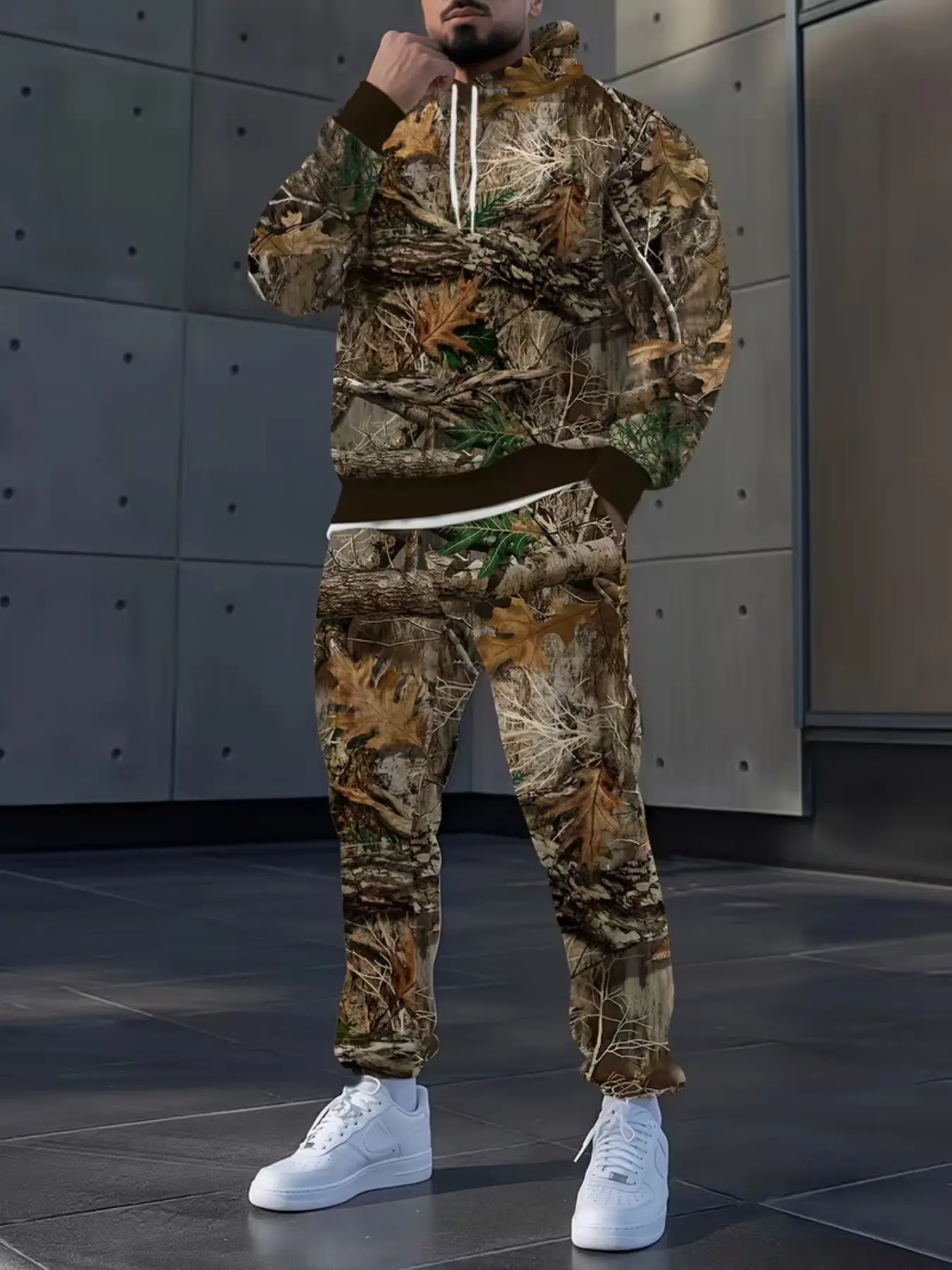 Men's 2-Piece Jungle Camo Hoodie and Pants Set, Realistic Leaf Pattern, Adjustable Drawstring, Couples Outdoor Hunting