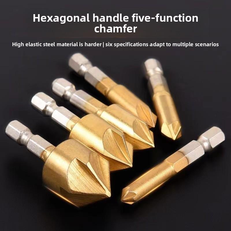 Six-piece woodworking chamfering tool set, five-blade chamfering knife, wood countersink drill, deburring tool, woodworking hole opener set
