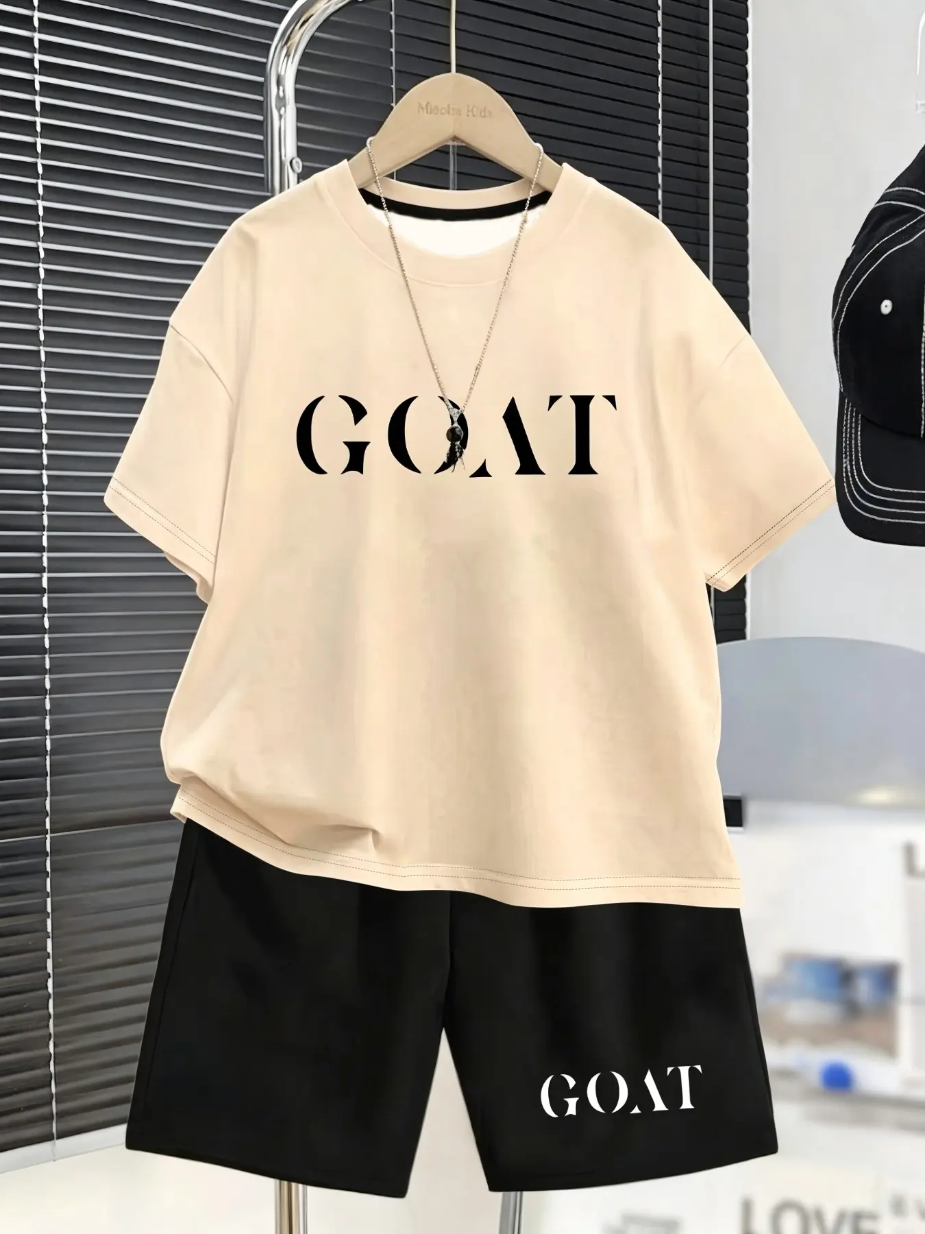 GOAT Minimalist Letter Kids' Casual Short Sets, Summer Clothing Set, All Black Breathable Fabric, Boys' High Street Stylish Tee & Shorts, Set Outfit, Outfits Set, Clothes Kids