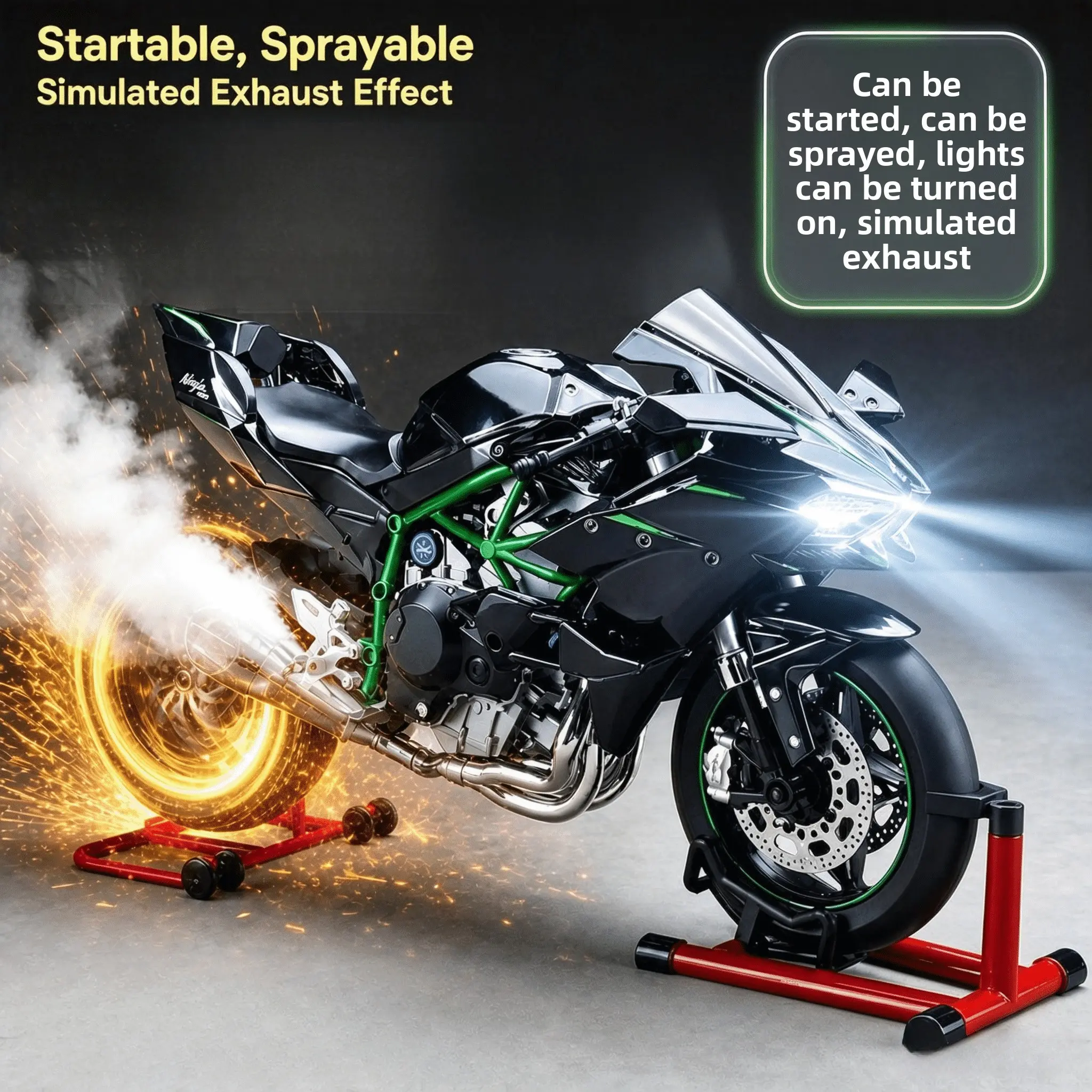 A super-large dynamic and easily-startable cool golden motorcycle racing car model. It features ignition start + sound effect + spray. It perfectly recreates the real motorcycle ritual atmosphere with high-precision alloy materials. The details are extrem