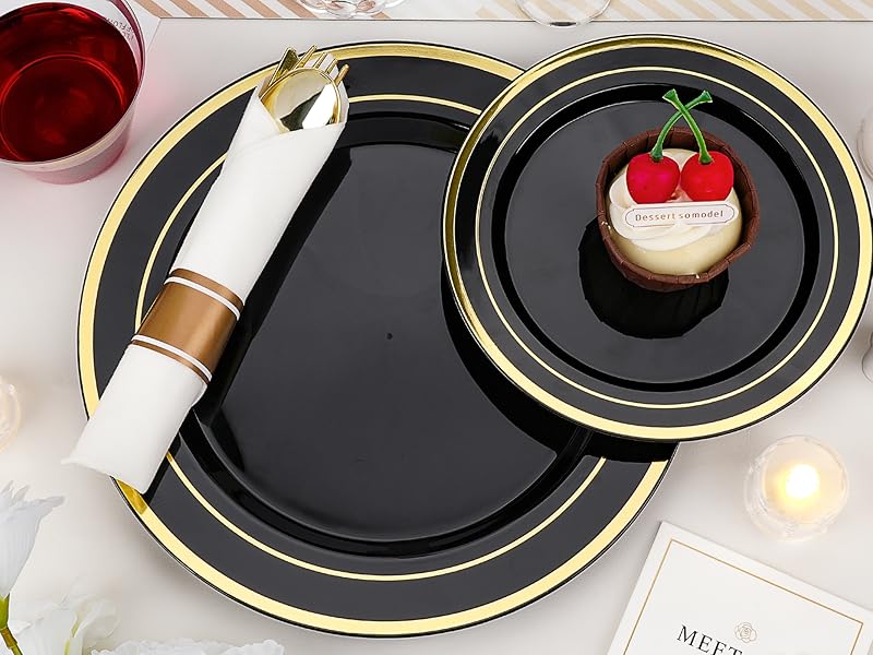 350 PCS Black Plastic Dinnerware Set for 50 Guests, 100 Disposable Plates for Party, 50 Pre Rolled Napkins with Gold Silverware, 50 Cups for Graduation