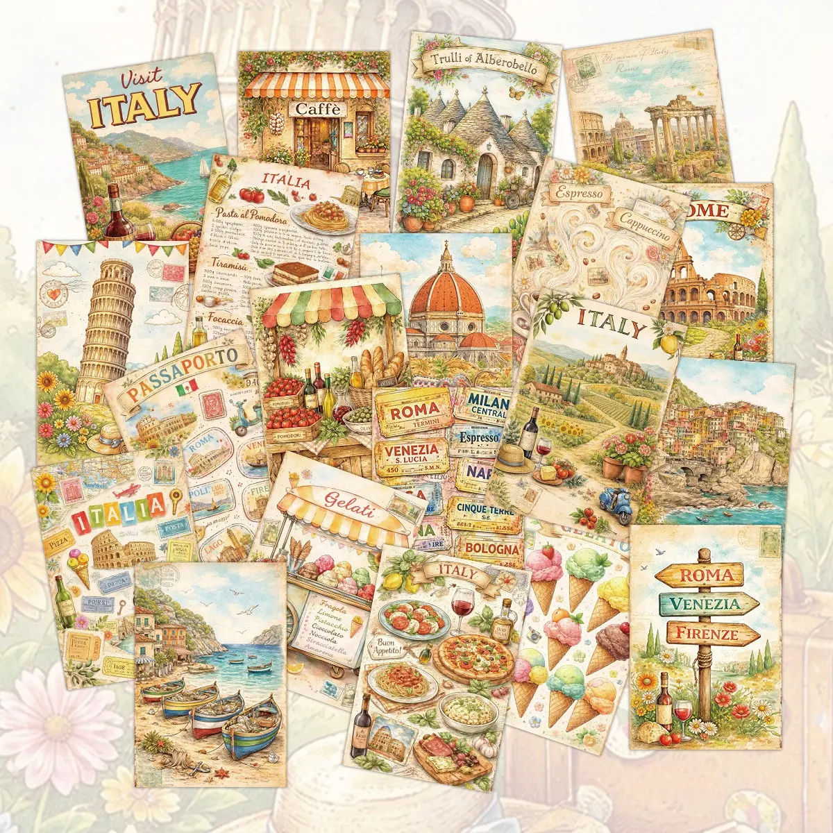 20 Vintage Italian Travel Postcards, Iconic Landmarks & Cuisine Artwork, Perfect for Scrapbooking, Travel Decor, DIY Craft Projects