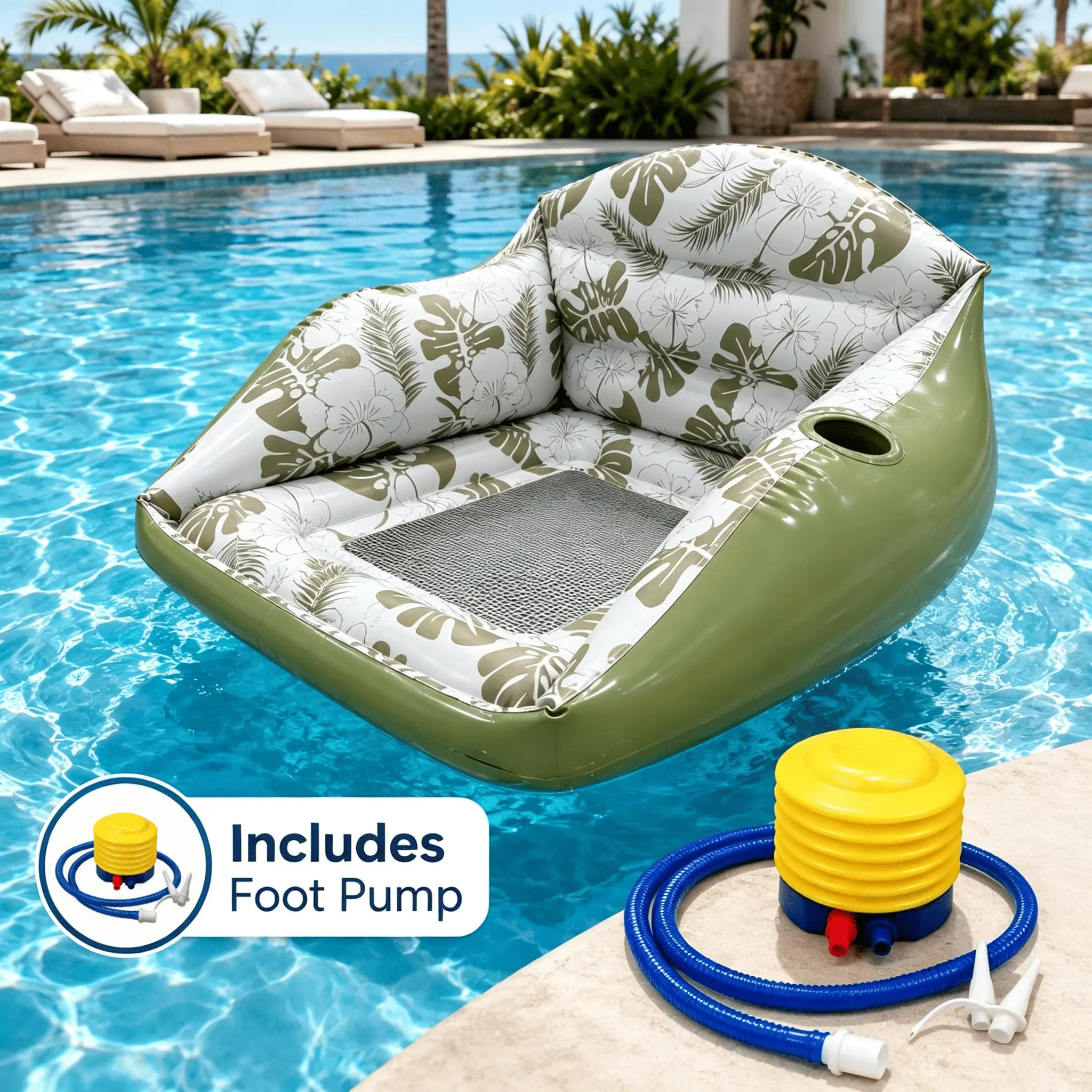 Adult Inflatable Pool Chair Float with Backrest, Mesh Seat, Cup Holder, Compact Portable Pool Floater, Relaxing Water Fun Beach Travel Accessory, Foot Pump Included
