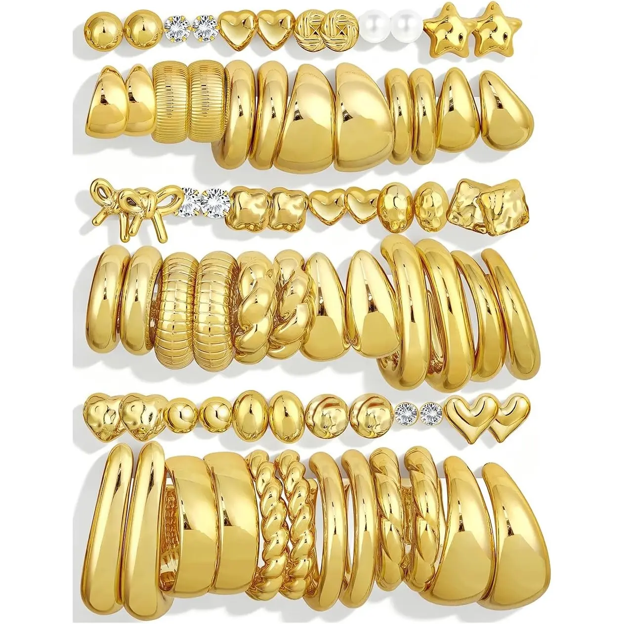 36 Pairs Chunky Hoop Earrings for Women Suitable for Birthdays, Parties, Travel - Lightweight Golden Tone Plated Open Twisted Hoops with Thick Big Heart Bow Studs, Multipack Earrings for Daily Wear, Gift for Holidays & Special Occasions