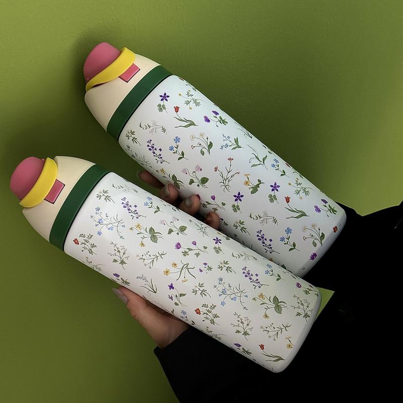 Floral Pattern Stainless Steel Vacuum Flask, 1 Count Portable Insulated Water Bottle with Straw, Leak Resistant Tumbler, Drinking Cup for Home Office School Outdoor Camping, Drinkware