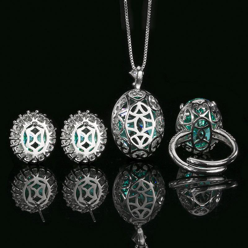Vintage Simulated Gemstone Paraiba Green Oval Cut Jewelry Set for Women Ring Earrings  Necklace     Single Row Halo CZ    Luxury Fashion Accessories Gifts for Women