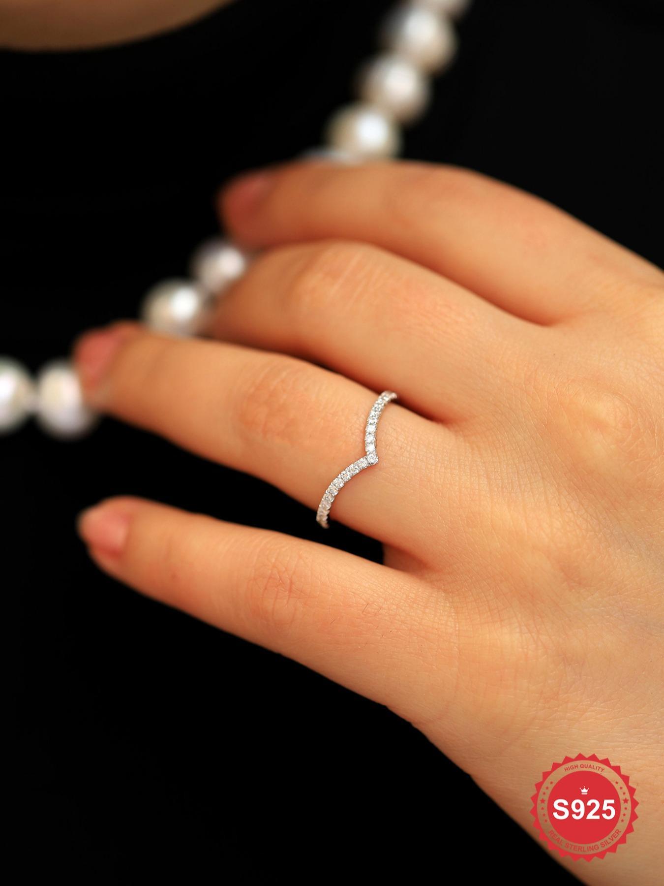 925 Sterling Silver Fashion V-shaped Artificial Zirconia Ring, Fashion Jewelry for Party, Daily Clothing Decor, Trendy All-match & Exquisite Jewelry for Birthday Gift