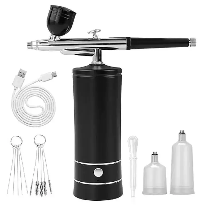 Cordless Handheld Airbrush Kit with Pressure-Adjustable Air Compressor, Rechargeable Wireless Spray Painting Tool, Adjustable Paint Sprayer with Cleaning Brushes for Nail Art, Painting (Black)