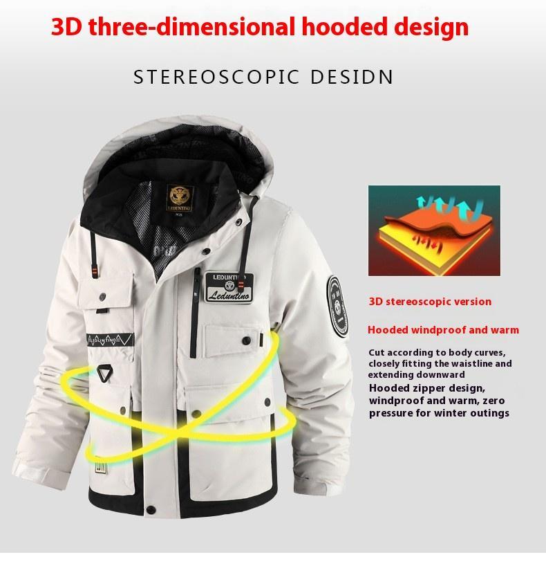 BIGWIG men's autumn and winter hooded parka, thickened warm work jacket, multi-pocket work top, windproof and waterproof cotton clothing, sports hooded jacket, cotton warm soft shell clothing, outdoor camping outdoor jacket